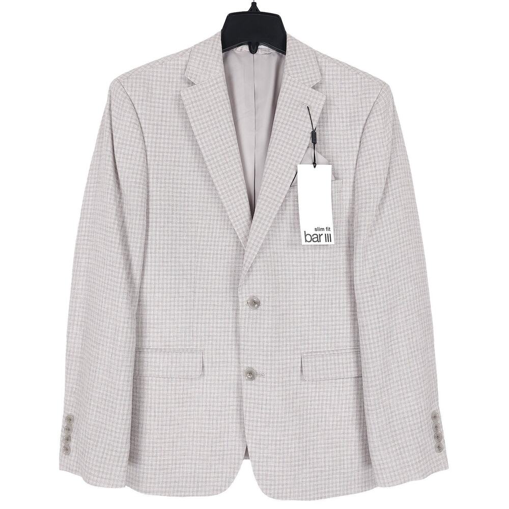Bar III Mens Slim Fit Sport Coat Blazer 42L Natural Tan Grey Check Cotton Linen